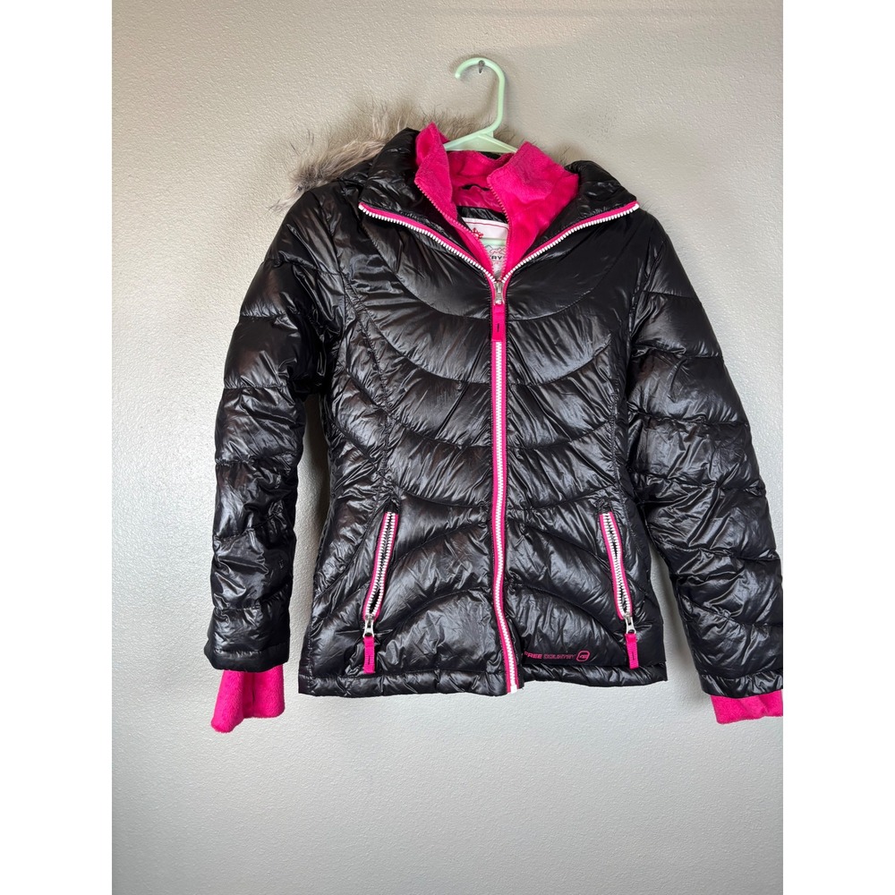 Free Country Girls Black Pink Down Puffer Jacket Faux Fur Hood Size 10/12
